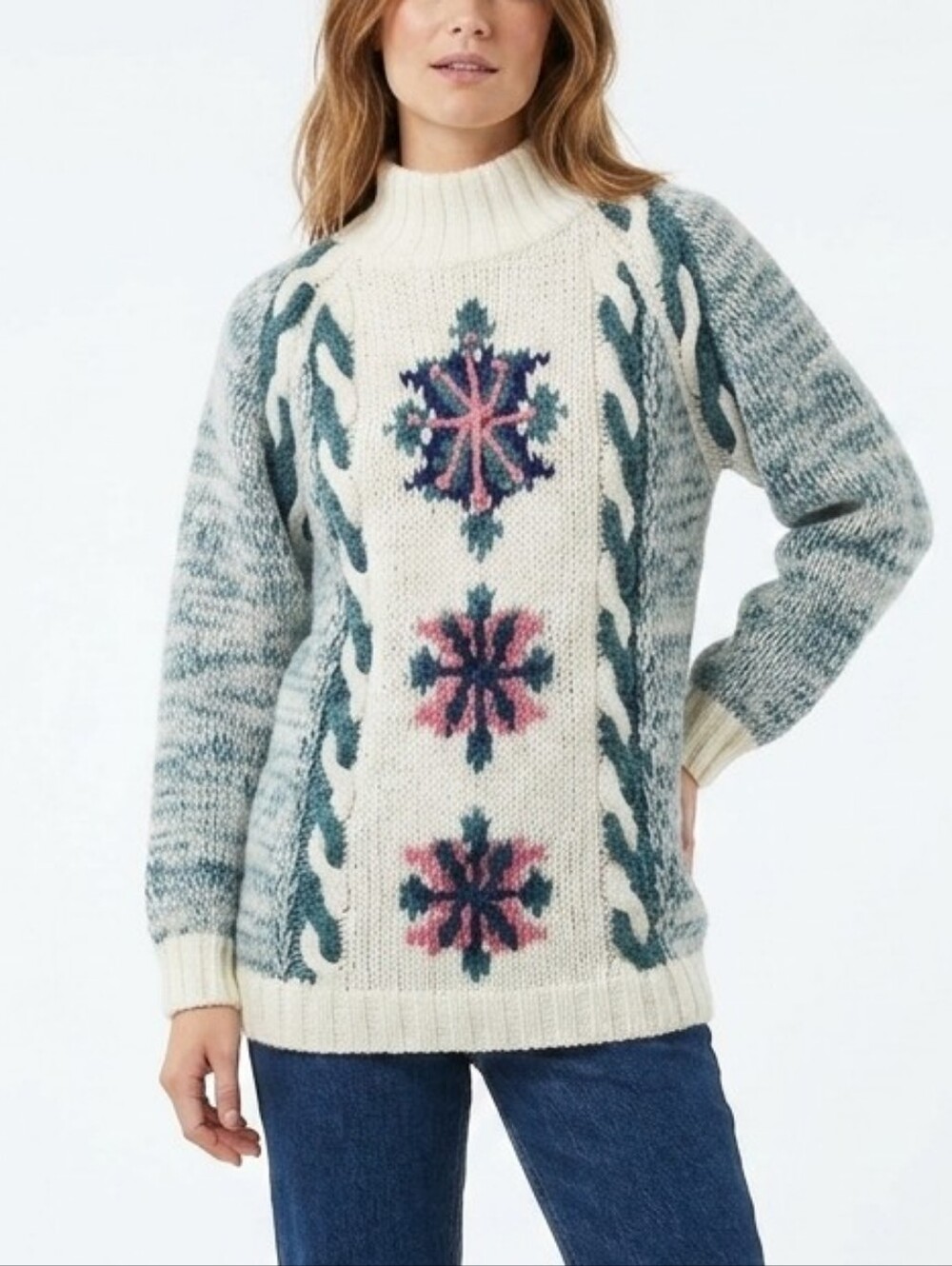 Vintage textured knit mockneck sweater medium Snowflake Christmas Made In Korea